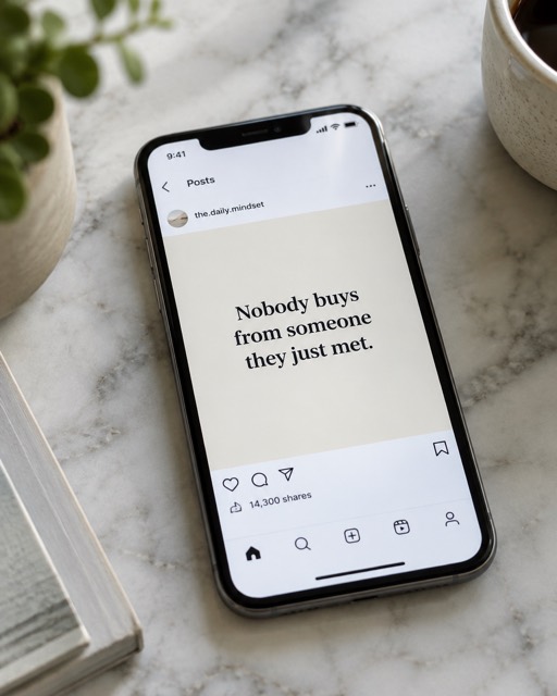 Phone on a desk showing a quote post with 14,300 shares